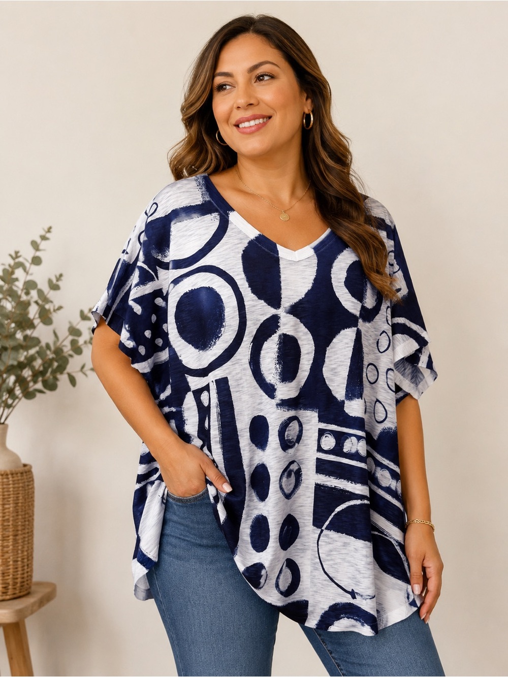 Jess & Jane Navy White Abstract V-Neck Short Sleeve Blouse Top Size 1X